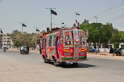 Karachi, Pakistan - 21 Mar 2021: The public bus in Karachi, Pakistan