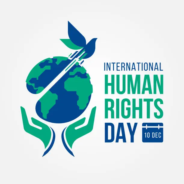 Vector illustration of International Human Rights Day - Green blue hands hold globe world with bird of peace flies up sign vector design
