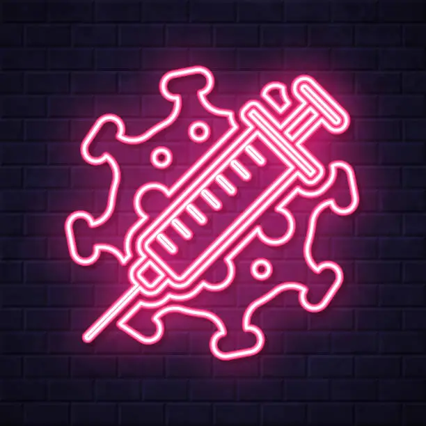 Vector illustration of Coronavirus Covid-19 vaccine. Glowing neon icon on brick wall background
