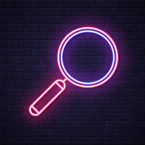 Vector illustration of Magnifying glass. Glowing neon icon on brick wall background