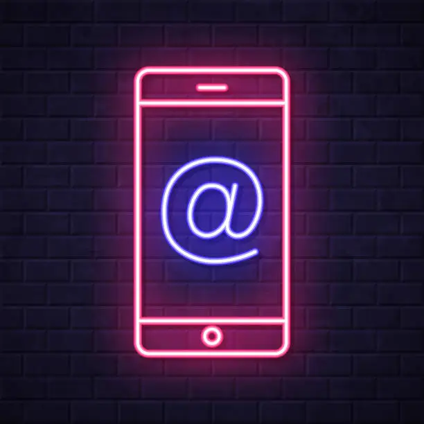 Vector illustration of Smartphone with At symbol. Glowing neon icon on brick wall background