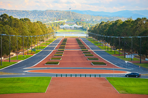 Anzac Parade from the Australian War Memorial to Parliament House, Canberra, ACT, Australia.