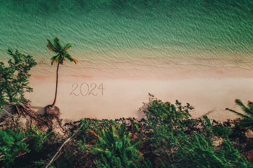 Happy New Year 2024. Aerial view of tropical beach, Dominican Republic.
