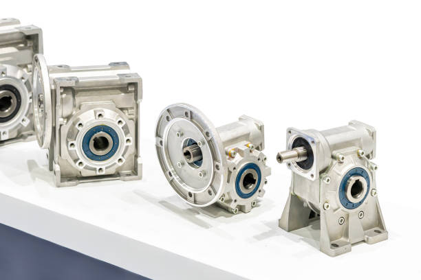 Difference shape transmission metal worm gearbox for motor or engine speed reduction in industrial on table isolated on white with clipping path