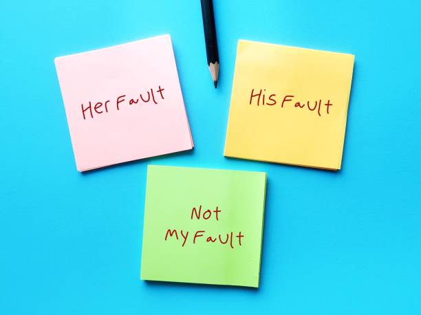 istock On blue background, three notes with handwriting HIS AND HER FAULT, NOT MY FAULT, concept of fault finder - very critical and hence find mistakes in people 1816102584