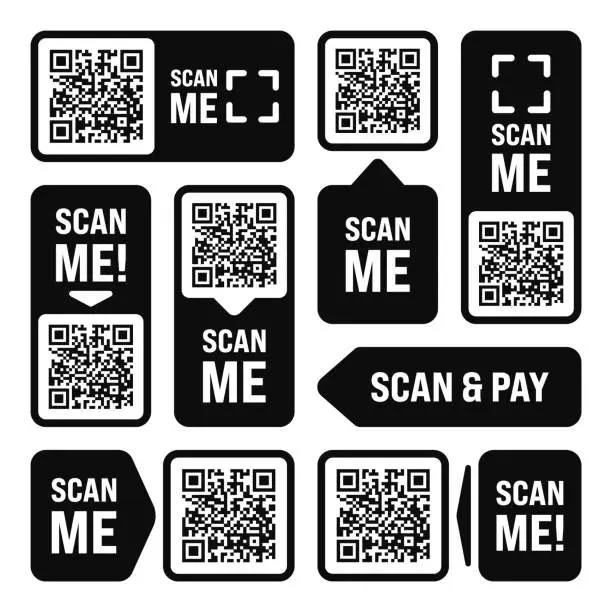 Vector illustration of Scan me QR code sticker. Online payment. Special offer sale stickers, shopping discount label or promotional badge. Serial number, product ID. Supermarket retail label, price tag. Vector illustration