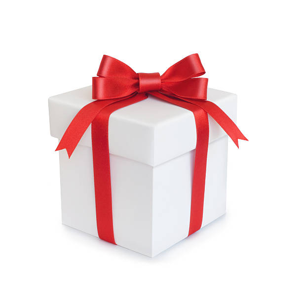 White gift box with red ribbon