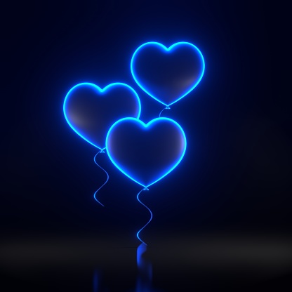 Heart shaped balloons with bright glowing futuristic blue neon lights on black background. 3D render illustration