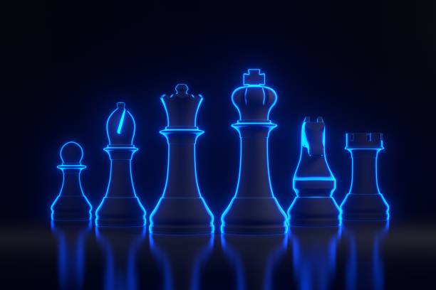 istock Chess pieces with bright glowing futuristic blue neon lights on black background 1816120919