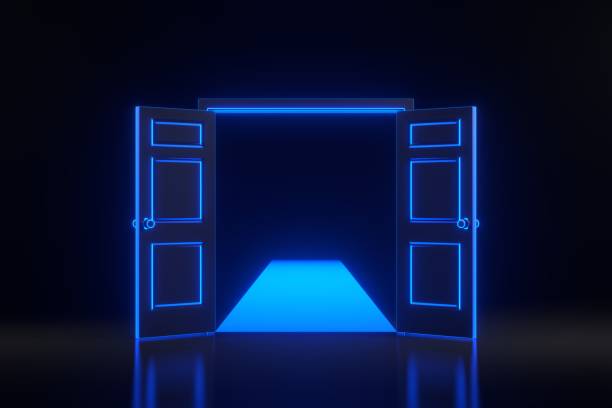 istock Light going through the opening door with bright glowing futuristic blue neon lights on black background 1816122006