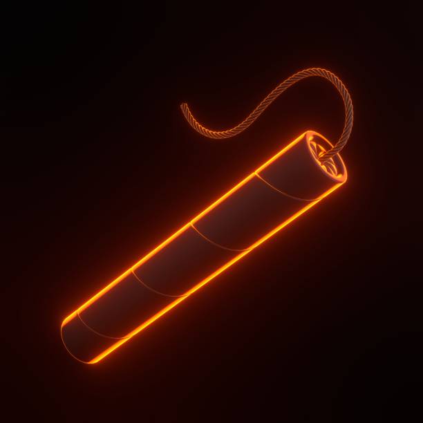 Dynamite sticks, TNT with wick with bright glowing futuristic orange neon lights on black background. Explosive supplies. 3D render illustration