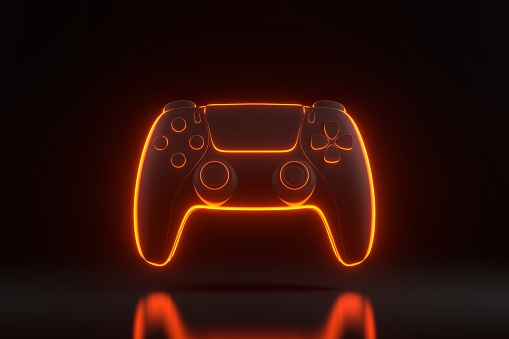 Gamepad with bright glowing futuristic orange neon lights on black background. Joystick for video game. Game controller. 3D render illustration