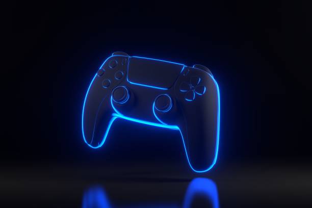 istock Gamepad with bright glowing futuristic blue neon lights on black background 1816123075