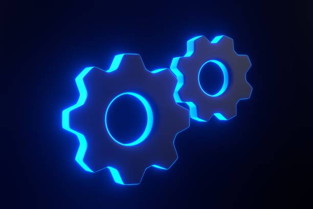 istock Gears with bright glowing futuristic blue neon lights on black background 1816123089