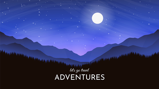 Mountain landscape. Night starry sky and full moon. Silhouettes of mountains and hills in the foreground. Vector illustration. Adventures, tourism, hiking. Banner, wallpaper, postcard design.