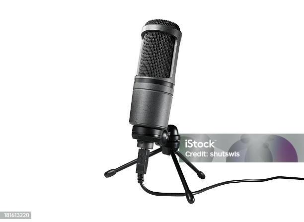 Studio Microphone On Stand Isolated Stock Photo - Download Image Now - Audience, Broadcasting, Close-up