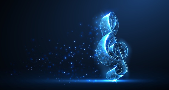 Abstract digital 3d clef treble on blue with stars. Digital music, Orchestra entertainment, Modern technology, Music school symbol, Key tune, Clef sign, Treble note, Poster art, Song staff concept