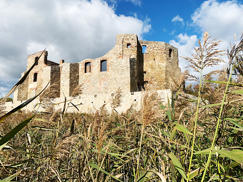 Ruins of a medieval castle near Döbrönte on a sunny day in springtime.