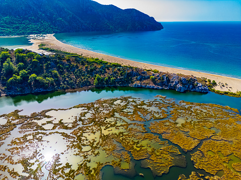 Aerial view of Dalyan Delta River close to Iztuzu Beach in Mugla Province, Turkey.