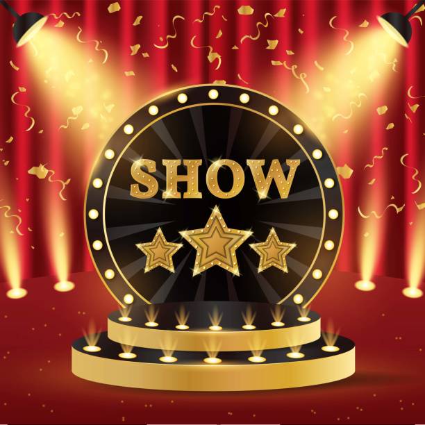 show-podium. 3d-retro-show-podium mit sternen. showszene, bühne, studio oder raum. - coin award winners podium podium stock-grafiken, -clipart, -cartoons und -symbole