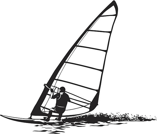 Silhouette of the windsurfer Vector silhouette of windsurfer on gliding windsurfing stock illustrations