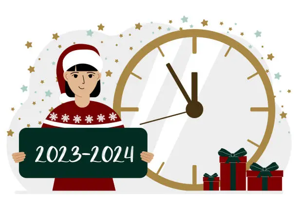 Vector illustration of 5 minutes for the new year. A woman holds a poster with the text 2023-2024.