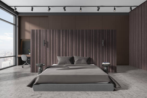 istock Wooden and brown bedroom interior with table 1816194501