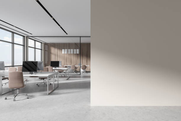 istock Modern office interior with coworking and conference room, window. Mock up wall 1816195034