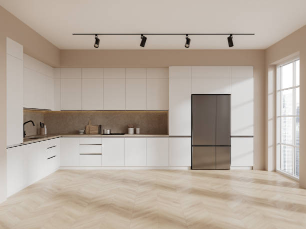 istock Beige home kitchen interior with cooking room, fridge and panoramic window 1816199212
