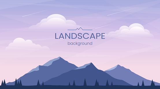A summer day in the mountains. Mountain peaks in the foreground. Bright sky and clouds. Vector image of a mountain. Geometric polygonal design. Background design, banner, cover, wallpaper, postcard.