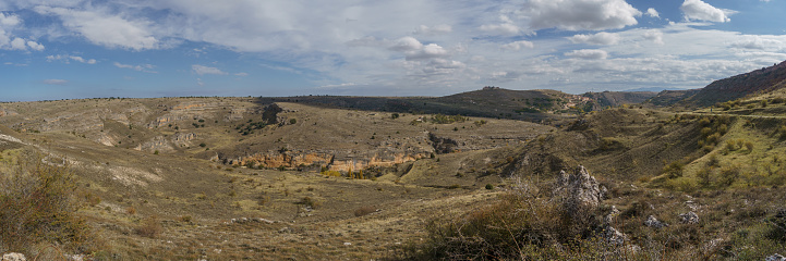 Panorama of landscape of Hoces del Duraton y Sepulveda city on the background, Segovia, Spain