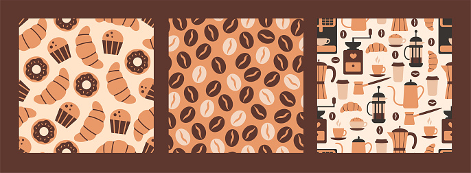 Modern endless backgrounds collection with confectionery, bakery products, beans, mugs, cups, items, tools. Repeat vector illustration