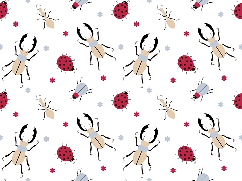 seamless pattern with different insects- beetle, ladybug,ant,horned beetle