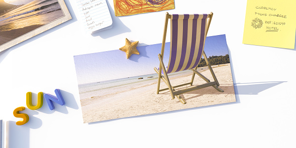 Close up of fridge / freezer with a vacation 'to do' sticky note, shopping list, drawing, fridge magnets spelling out 'sun', a tropical beach scene, and starfish holding up a postcard of a blue and white striped wooden deckchair on a sunny beach. Th deckhair sticks out from the postcard.