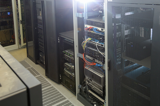 Real life data center network server. Technology photo.