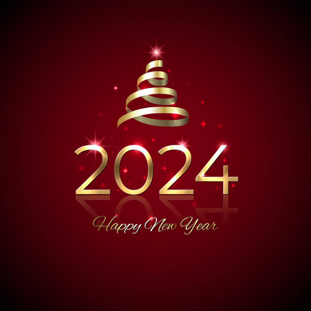 2024, 24 frohes neues jahr. glänzend golden 2024 mit weihnachtsbaum. neujahrsdesign für einladung, grußkarte, kalender. glänzendes goldenes logo, band. urlaubsgrußkarte. party-event-dekoration, vektor - creativity new years eve tree new years day stock-grafiken, -clipart, -cartoons und -symbole