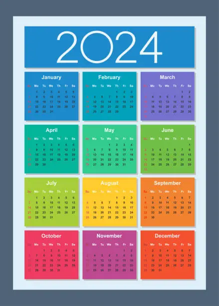Vector illustration of Colorful calendar for 2024 year. Week starts on Sunday. Vertical.