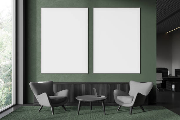 istock Green business interior with relax and work place, window and mock up frames 1816241340