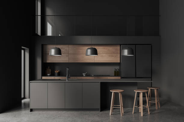 istock Two storey gray kitchen interior with cabinets and island 1816245109