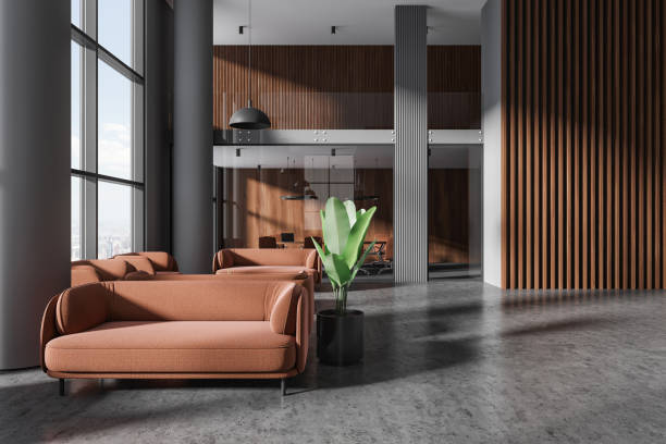 istock Modern office room interior with lobby and conference room, panoramic window 1816245122