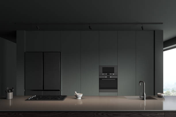 istock Gray kitchen interior with island and fridge 1816250648