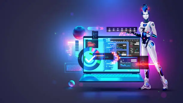 Vector illustration of Software development with help AI. Coding or programming app artificial intelligence online chat bot. Automatization Create Software develop. Robot or cyborg woman with AI teaching coding on laptop.