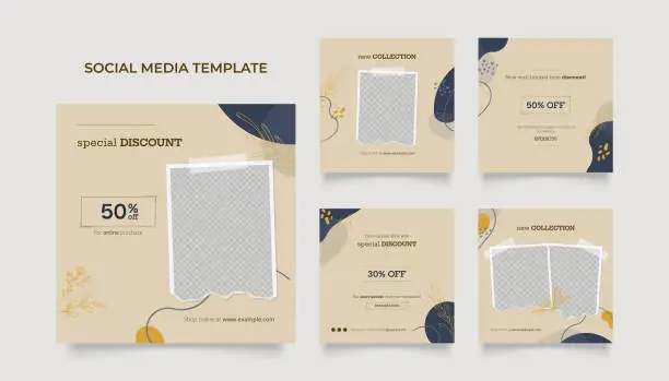 Vector illustration of Social media template banner blog fashion sale promotion. fully editable square post frame puzzle organic sale poster. blue beige vector background