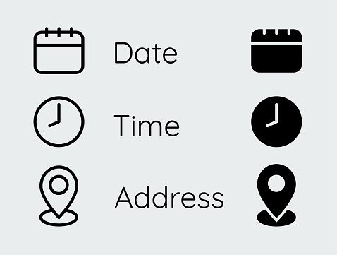 Date, Time, Address Location icon set.  Editable outline flat vector. Isolated on gray background stock illustration.