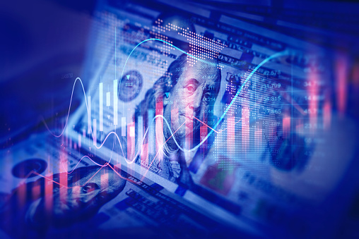 Dollar banknote with  decreasing stock market graph chart for symbol of economic recession crisis concept