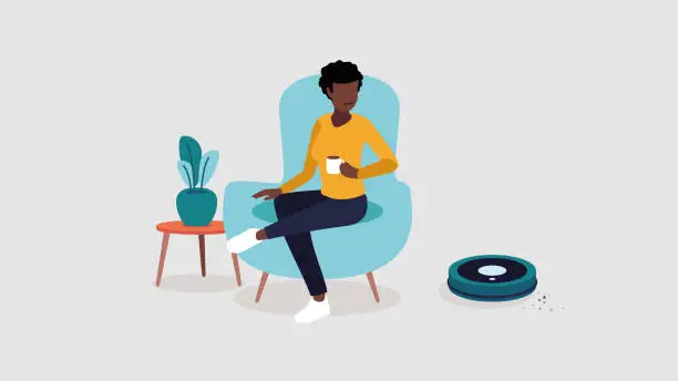 Vector illustration of A person is relaxing in a chair while the robot hoover is cleaning the house - smart home concept