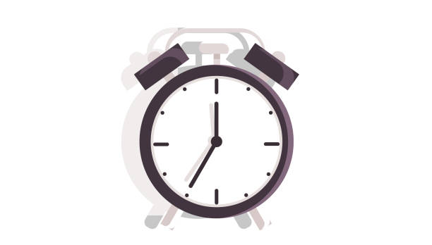 화살표와 타임스탬프가 있는 금속 알람 시계. 침실이나 사무실의 인테리어 디자인 요소 - white background color image alarm clock deadline stock illustrations