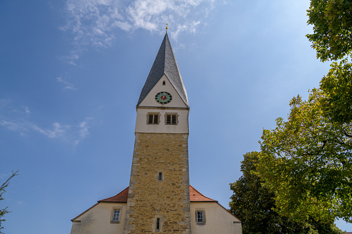 Dettingen Teck, Germany, August 23 2023: St. Georgskirche - Protestant church in Esslingen district. Church district of Kirchheim Teck