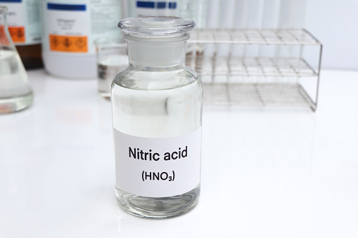 Nitric acid in containers, Hazardous chemicals and raw material, chemical in industry or laboratory