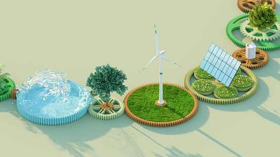 Connected gears in circular chart  showing different segments of alternative energy and nature, 3d render.